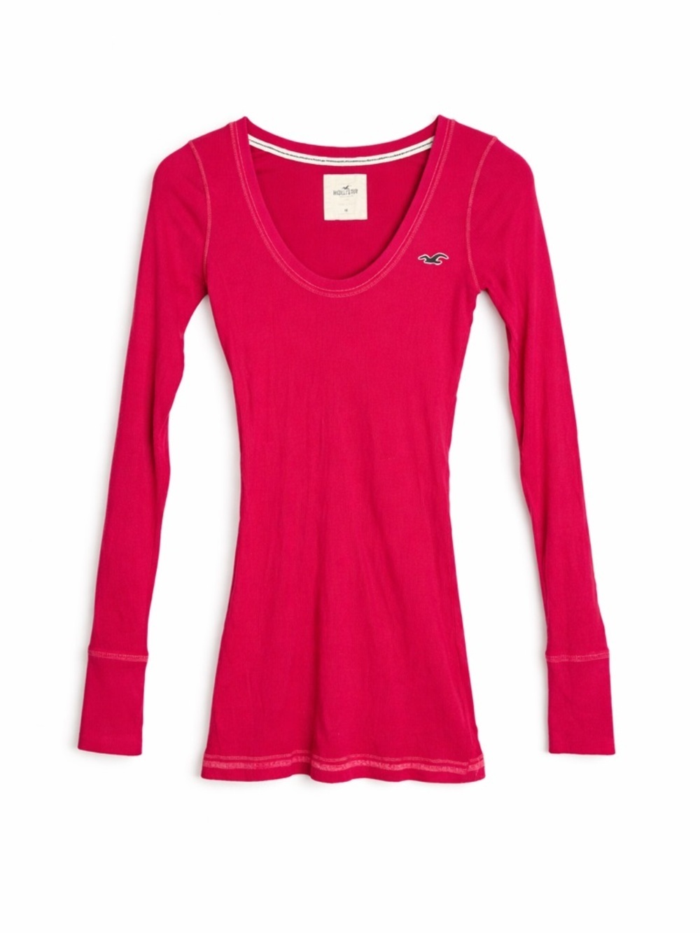 Hollister Y2K Pink Ribbed Long Sleeve Top Scoop Neck Logo Tee Size Medium